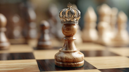 Chess pawn with crown on chess board game. Success strategy startup business concept, Concept of a leader must have courage and challenge in the competition, leadership and business vision for a win in business gamesの素材
