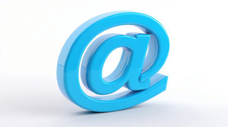 A chrome-plated AT symbol isolated on a white background. Email sign isolated on white. Blue At sign mail iconの素材