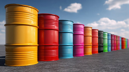 oil tanks stacked in a row. 3d illustration a Rows of Classic Metal Oil Barrels Drumの素材