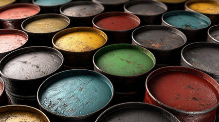 oil tanks stacked in a row. 3d illustration a Rows of Classic Metal Oil Barrels Drumの素材