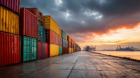 Stern cargo container ship. Freight containers in a harborの素材