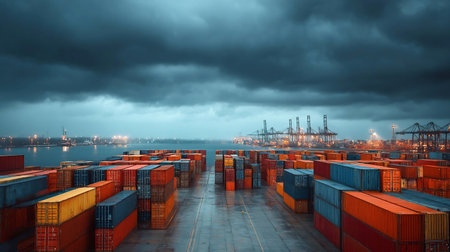 Stern cargo container ship. Freight containers in a harborの素材