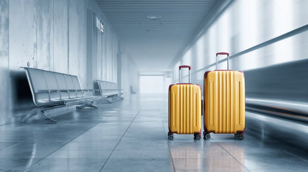Pair of Suitcases in Airport terminal waiting room and departure and arrival hallway. Travel conceptの素材