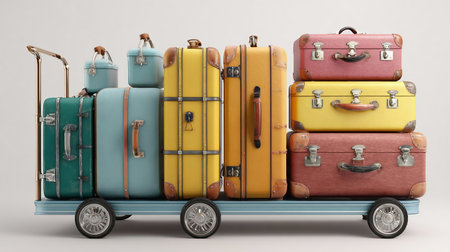 Hotel luggage cart / baggage trolley in the hotel lobby hallway background or Bellman's luggage cart. Hotel Luggage Trolley with suitcase on white backgroundの素材