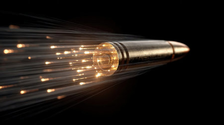 a shot from a firearm, an explosion of gunpowder on a black background, a bright flash with flying particles, abstract shape. Flying bullet with trails.の素材