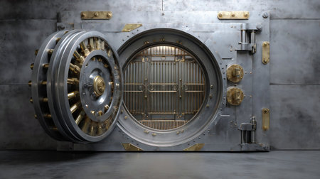 bank vault door brick wall. Front view of Closed Bank Vault Door.の素材