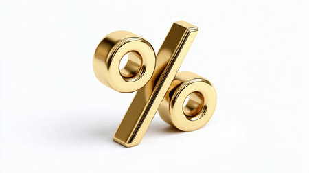 Percentage Sign Symbol Gold Color, 3d render isolated on white background. Gold percent sign isolated on white. , percentage concept.の素材