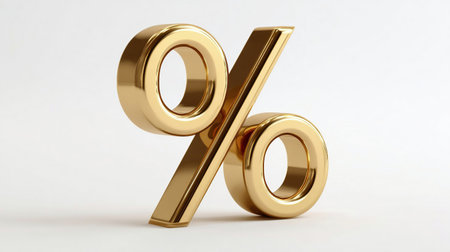 Percentage Sign Symbol Gold Color, 3d render isolated on white background. Gold percent sign isolated on white. , percentage concept.の素材
