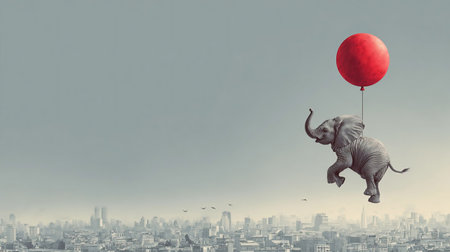 Funny Floating, Flying Elephant, Red Balloon. A funny and surreal elephant is flying above an urban city by riding on a red balloonの素材
