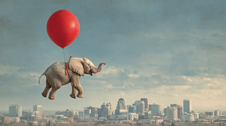 Funny Floating, Flying Elephant, Red Balloon. A funny and surreal elephant is flying above an urban city by riding on a red balloonの素材