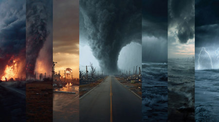 Severe weather and disaster montage. Montage of several kinds of severe weather tornado, hurricane wildfire rain storm, tsunami, cyclone in montage layoutの素材