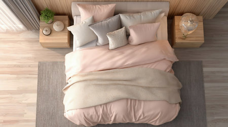 Tropical Summer-Styled Bedroom with Light Orange Walls, Bed with White Bedding, Lightweight Comforter, Beige Blanket, and Pillows, Complemented by a Wooden Nightstand and Flooring, top view.の素材