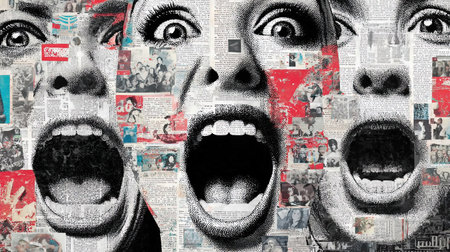 Contemporary art collage featuring screaming mouths. Communication concept, public opinion, public speaking, society, media. Message. Social media advertisingの素材