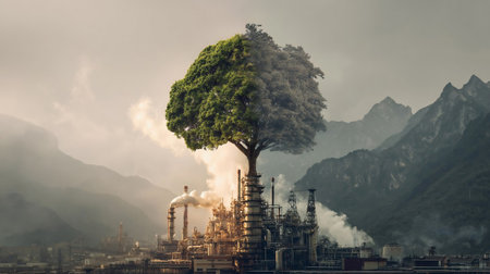Tree on the background of nature and industrial plant. Human influence on nature. Air pollution and purification. Mountains. Environmental concept. The antithesis.の素材