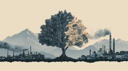 Tree on the background of nature and industrial plant. Human influence on nature. Air pollution and purification. Mountains. Environmental concept. The antithesis.の素材