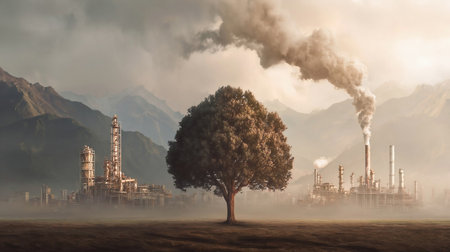 Tree on the background of nature and industrial plant. Human influence on nature. Air pollution and purification. Mountains. Environmental concept. The antithesis.の素材
