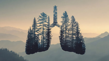 The silhouette of the lungs against the background of a mountain landscape. Trees are the lungs of the planet. Air purification. Mountains. Ecological concept.の素材