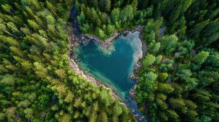 Heart of azure water on the background of the forest. Water is the blood of the planet. Lake with rivers. The ecological concept of the survival of the planet.の素材