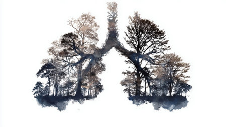 Abstract silhouette of lungs on a white background. Trees are the lungs of the planet. Air pollution. Harm to nature. Ecological concept. Tree branch. The concept of pneumonia and bronchitis.の素材