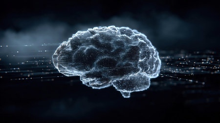 Digital AI Brain in cloud of binary data. A computer generated animation of a digital brain surrounded by binary information illustrating concepts of thought, technology and communicationの素材