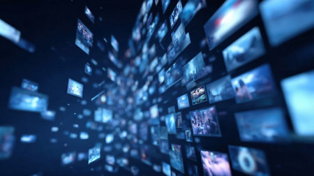 Multimedia video wall television broadcast. Multiple television screensの素材