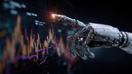 Robot cyborg touched screen, various animated Stock Market charts and graphs. Increase line. Artificial Intelligenceの素材