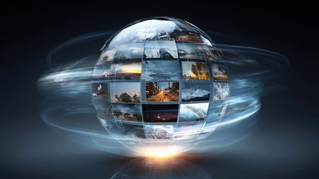 Creative glowing polygonal globe with rows of images on dark backdrop. Connecting businesspeople, video conference concept. Creative media technologies concept: glowing sphere with imagesの素材