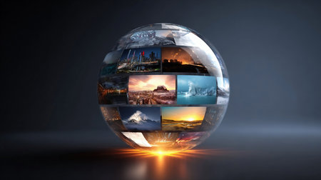 Creative glowing polygonal globe with rows of images on dark backdrop. Connecting businesspeople, video conference concept. Creative media technologies concept: glowing sphere with imagesの素材