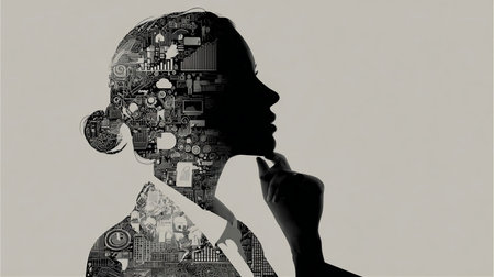 Business brain: businesswoman silhouette. A computer generated of a business woman with business concepts forming in her mindの素材