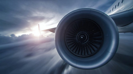 Turbojet Airplane Airliner Engine White day Metallic Grows into a plane Jet. Smooth movement of the camera approaching the modern turbojet engine of civil aviation. Gorgeous and beautiful view of the engine built from the ground up to the aircraft. Jet engine grows into the air planeの素材