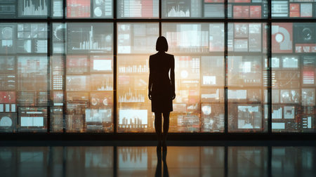 Business woman surrounded by virtual array of infographic data. Silhouette of a business woman against the background of an office window surrounded by an array of data in virtual realityの素材