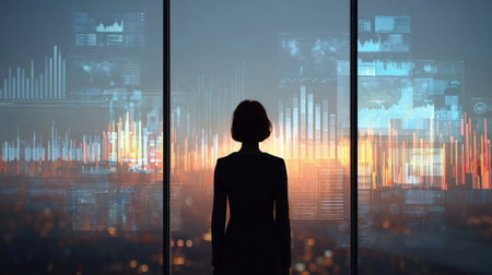 Business woman surrounded by virtual array of infographic data. Silhouette of a business woman against the background of an office window surrounded by an array of data in virtual realityの素材