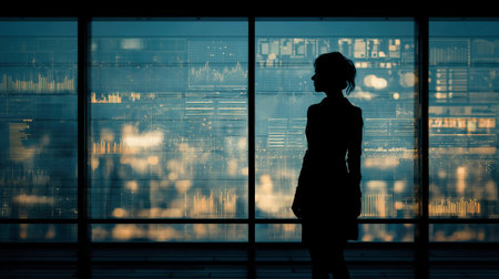 Business woman surrounded by virtual array of infographic data. Silhouette of a business woman against the background of an office window surrounded by an array of data in virtual realityの素材