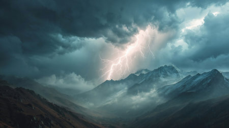 Lightning thunderstorm flash in the mountains. Concept on topic weather, cataclysms hurricane, Typhoon, tornado, stormの素材