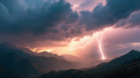 Lightning thunderstorm flash in the mountains. Concept on topic weather, cataclysms hurricane, Typhoon, tornado, stormの素材