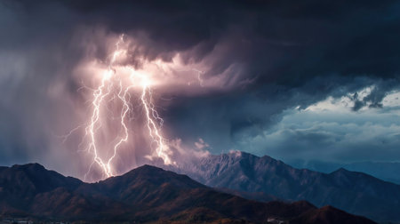 Lightning thunderstorm flash in the mountains. Concept on topic weather, cataclysms hurricane, Typhoon, tornado, stormの素材
