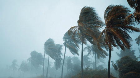 Natural disaster, eyewall hurricane. Strong extreme cyclone wind sways palm trees. Tropical flooding rain season, heavy tropical storm weather, thunderstormの素材