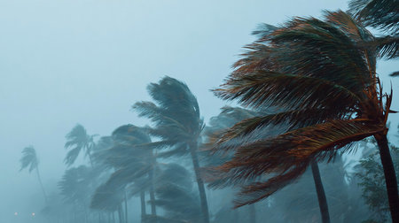 Natural disaster, eyewall hurricane. Strong extreme cyclone wind sways palm trees. Tropical flooding rain season, heavy tropical storm weather, thunderstormの素材