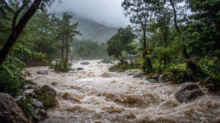 Overflowing river after a cyclone. An overflowing river with raging water after a big cyclone or typhoonの素材