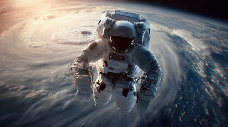 Astronaut in outer space against the backdrop of the planet earth. Typhoon over planet Earth. Elements of this image furnished by NASAの素材