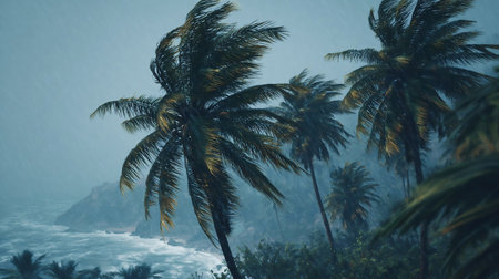 Palm trees blowing in the wind and rain as a hurricane nears. Palm trees blowing in the wind and rain as a hurricane approaches a tropical island coastlineの素材