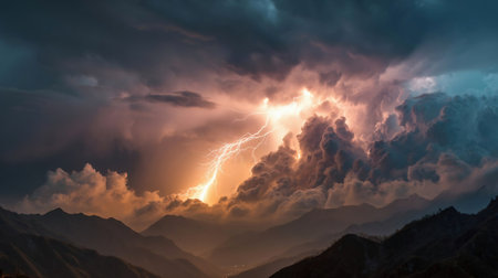 Lightning thunderstorm flash and sun lights in the mountains. Concept on topic weather, cataclysms (hurricane, Typhoon, tornado, storm)の素材