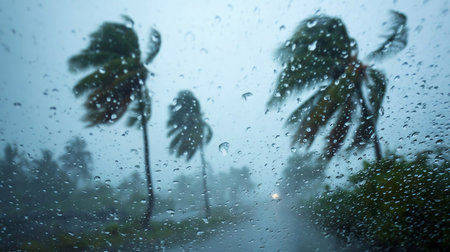 Hurricane tropical storm palm trees from car inside window glass water dropsの素材