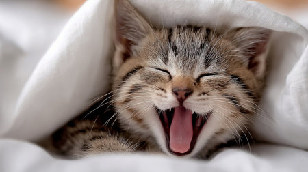 Cute kitten lies under a warm blanket and yawns lazily. the cat poked its muzzle out from under the white blanketの素材