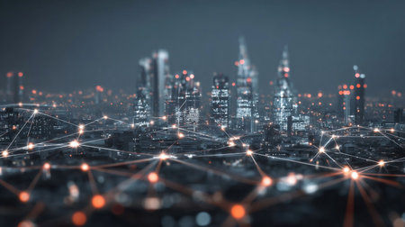 Modern city with abstract futuristic network connections. Digital and technology conceptの素材