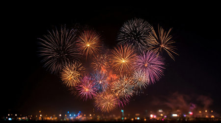 firework of year 2026 greeting during new year eve countdown celebration, real golden and heart shape fireworks festival in the sky display at night with colorfulの素材