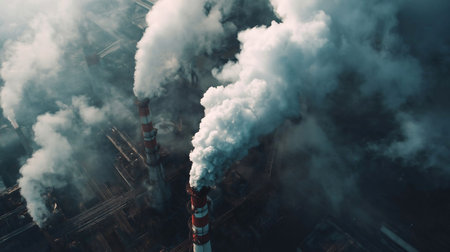 Aerial. GLOBAL WARMING. View of high chimney pipes with gray smoke. Pipes Pollute Industry Atmosphere With Smoke Ecology pollution, Industrial factory pollutes, smoke stacks exhaust pipes,Top Industry Sources The World s Polluting Industries news mediaの素材