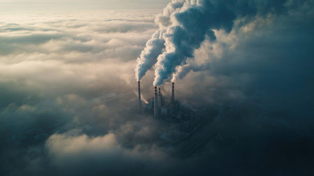 Aerial. GLOBAL WARMING. View of high chimney pipes with gray smoke. Pipes Pollute Industry Atmosphere With Smoke Ecology pollution, Industrial factory pollutes, smoke stacks exhaust pipes,Top Industry Sources The World s Polluting Industries news mediaの素材