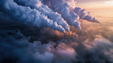 Aerial. GLOBAL WARMING. View of high chimney pipes with gray smoke. Pipes Pollute Industry Atmosphere With Smoke Ecology pollution, Industrial factory pollutes, smoke stacks exhaust pipes,Top Industry Sources The World s Polluting Industries news mediaの素材