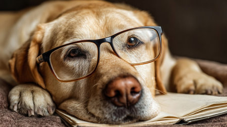 The dog with glasses. Education concept. Light brown Labrador dog in glasses with black rim on the couch looks around, lying on a notebook. Smart dog. Muzzle dogs close up. The concept of educationの素材